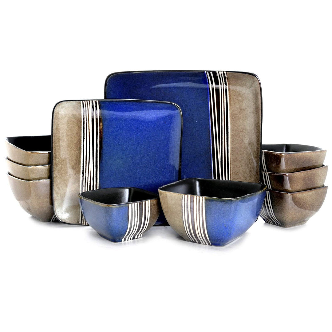 Lounge 16 Piece Squared Dinnerware Set Blue Stripe Casual Square Stoneware