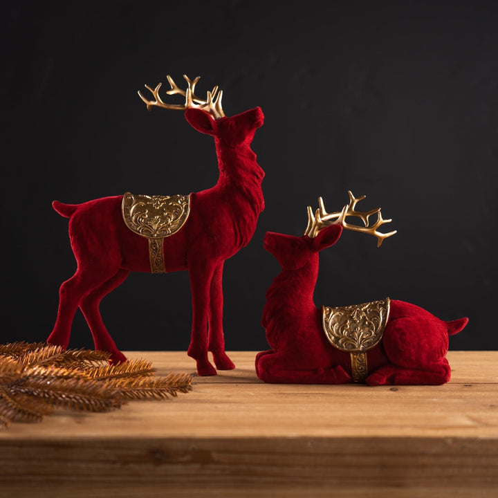 Flocked Deer Figurines (Set of 2) Red Resin