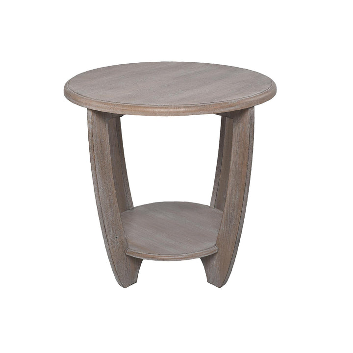 Rustic Farmhouse End Table with Storage Shelf Grey Round Wood Finish