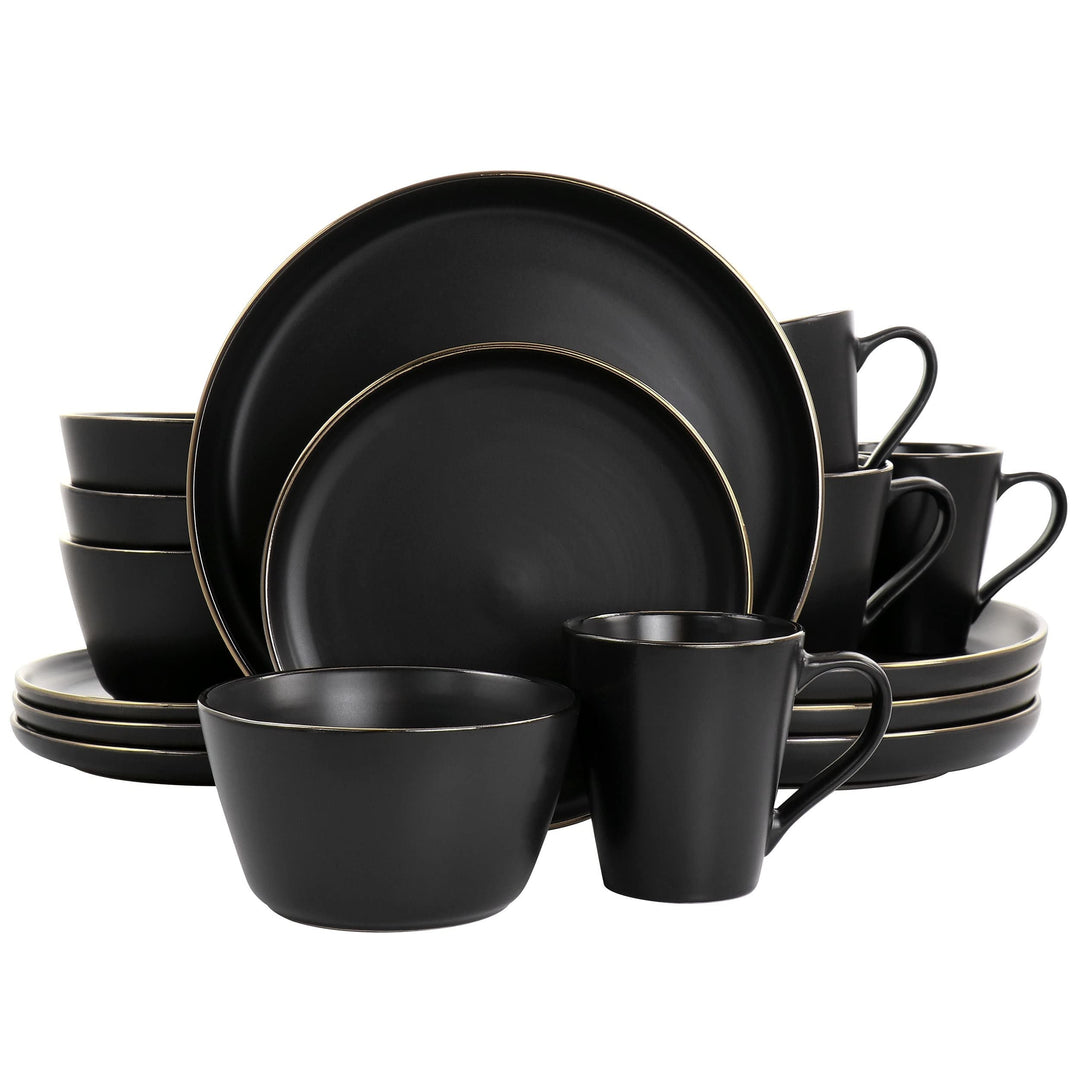 16 Piece Stoneware Dinnerware Set In Matte Black With Gold Rim Solid Modern