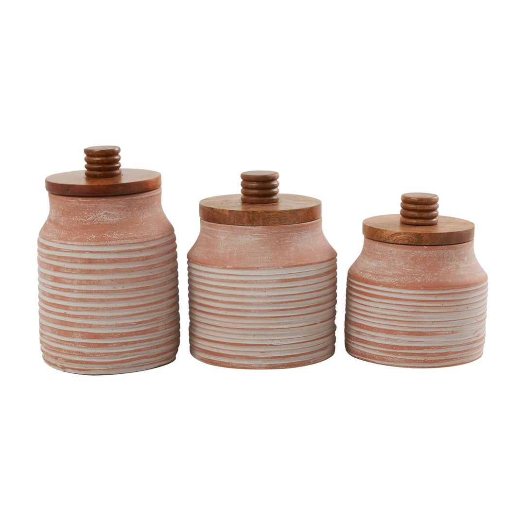 Light Brown Ceramic Decorative Jars With Wood Lids (Set Of 3)