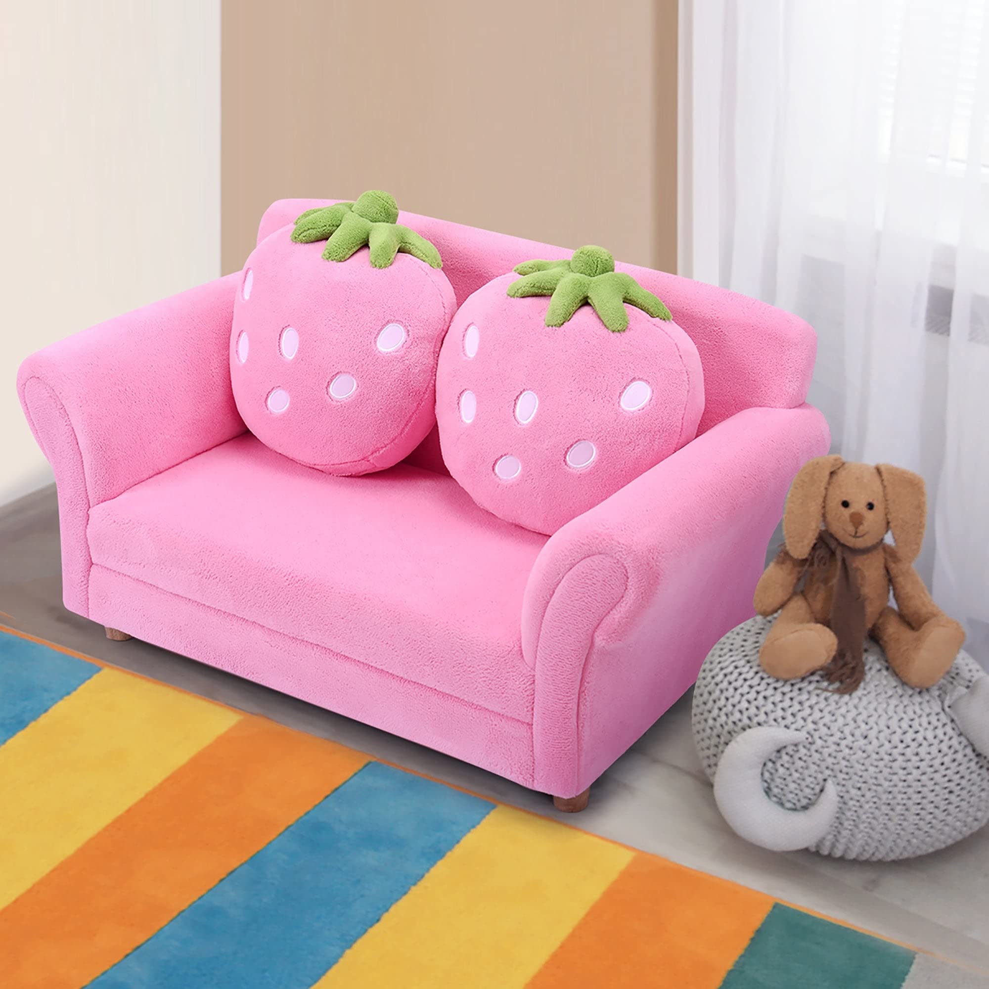 Kids Sofa Children Couch Armrest Chair with Strawberry Pillows Pink Modern Diamond Home USA