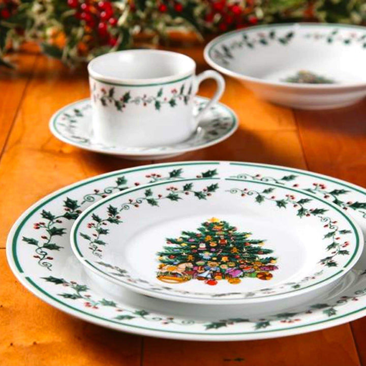 Cozy Christmas Tree Fine Ceramic 20 Piece Decorated Dinnerware Set White Holiday