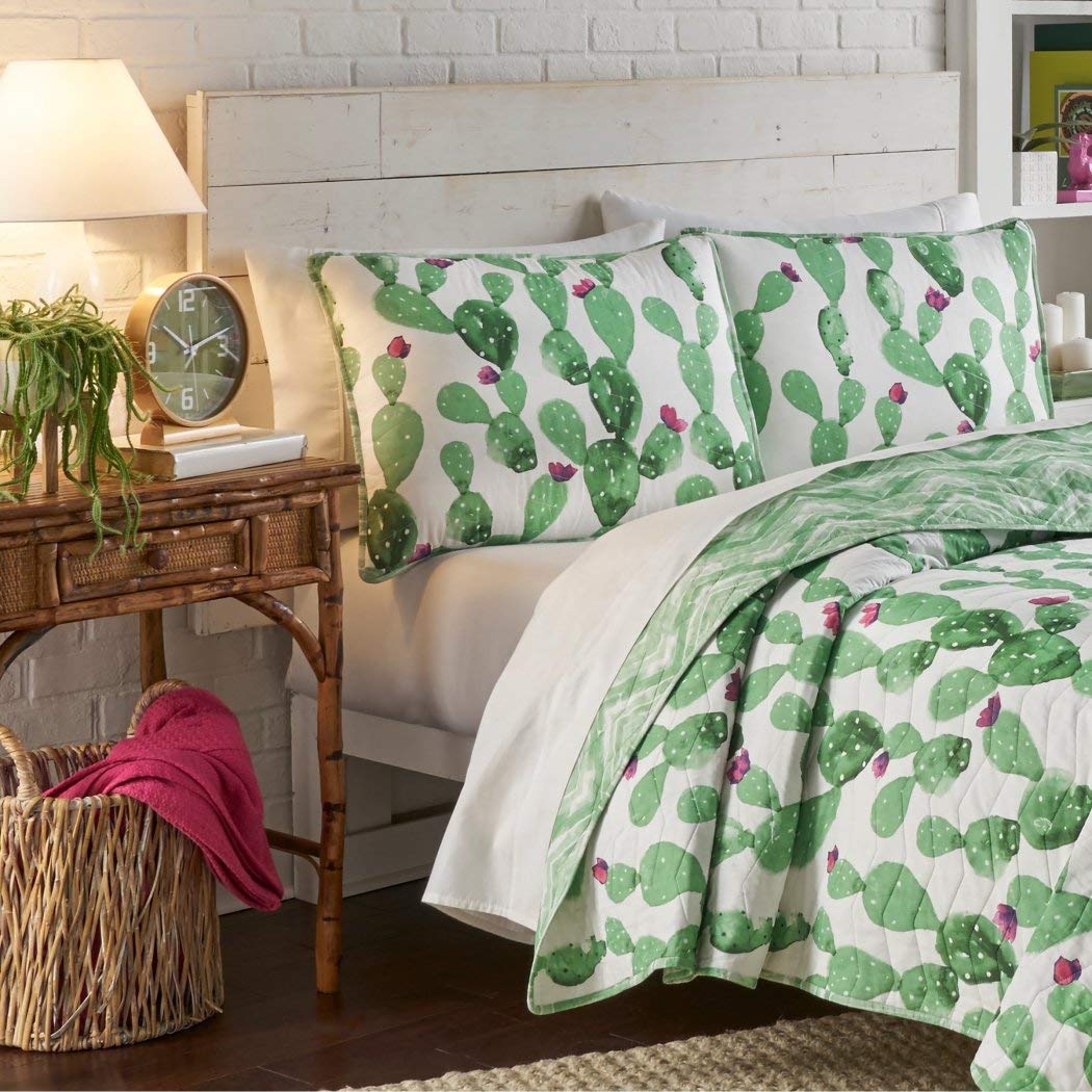 TN 3 Piece White Green Cactus Quilt Full Queen Set Western Desert Plant