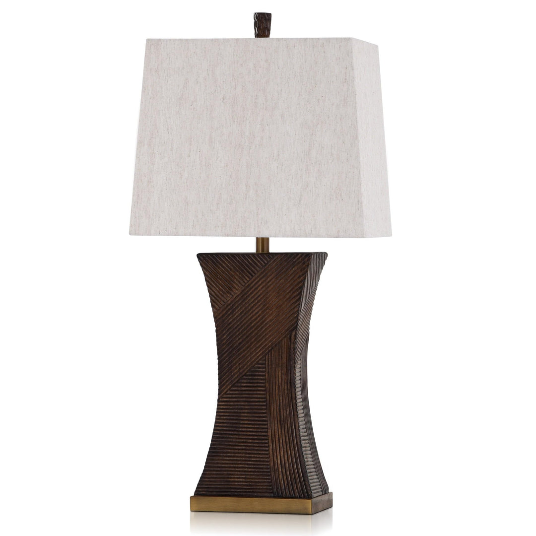 Linear Embossed Resin Table Lamp Brown Antique Brass Heathered Oatmeal Linen