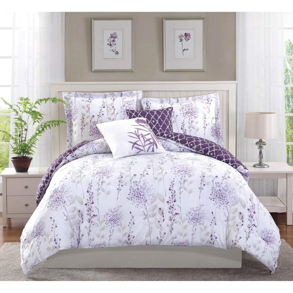 D&H 5 Piece Girls Purple White Lavender Floral Theme Comforter Full Queen Set Full - Queen