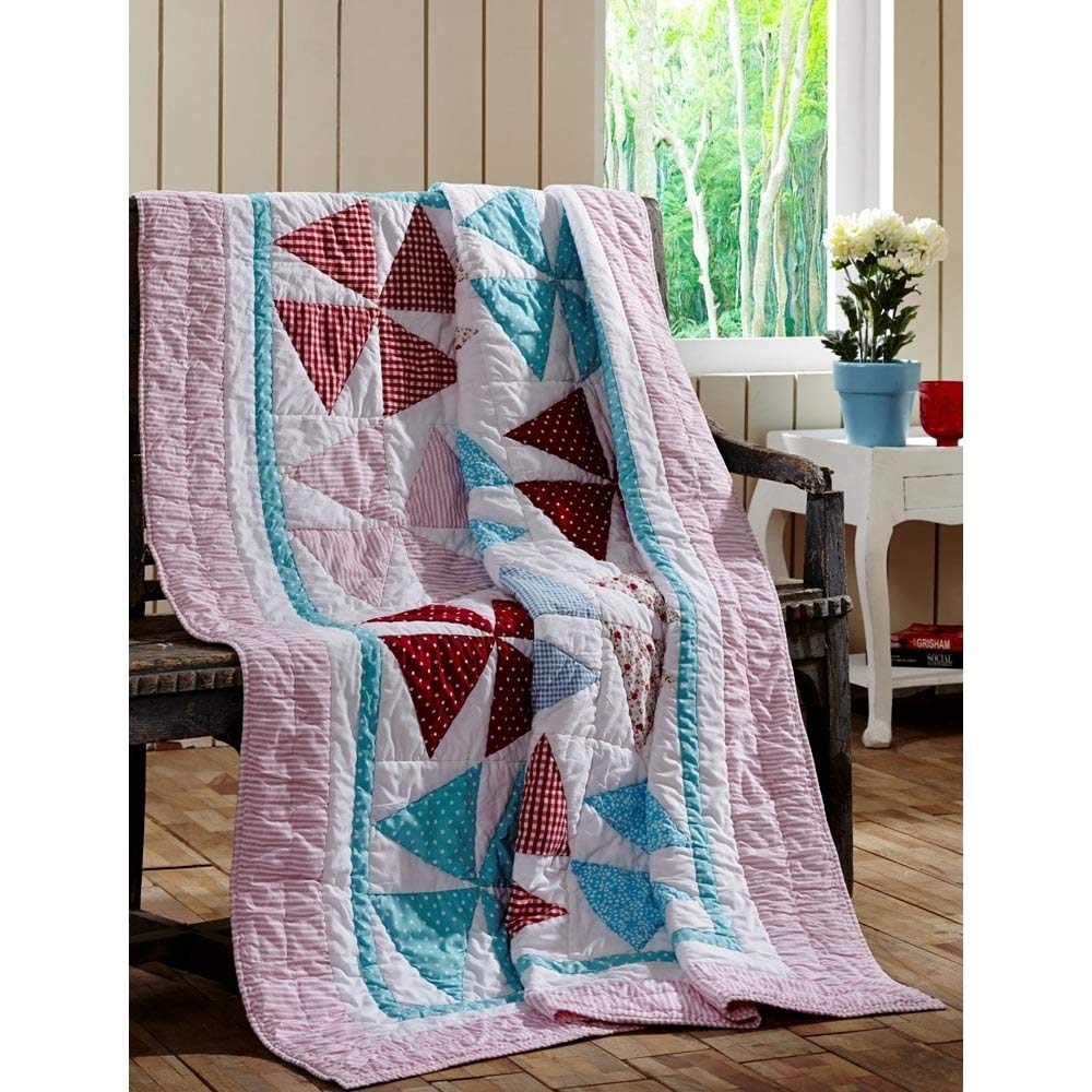 Cotton Quilted Throw Blanket Pink Geometric Cabin Lodge Handmade