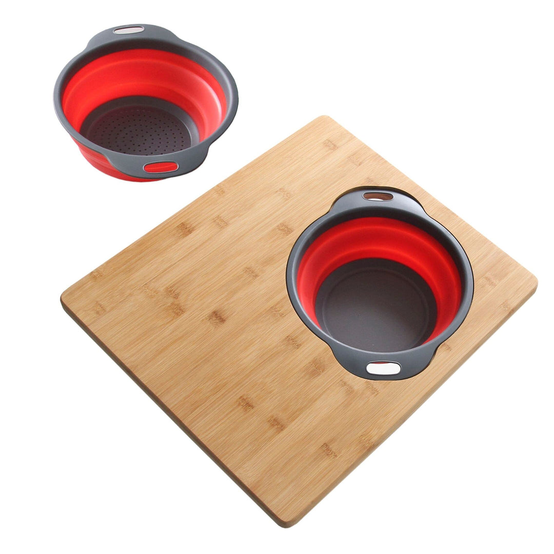 Bamboo Over The Sink Cutting Board with Collapsible Bowl and Brown Rectangle