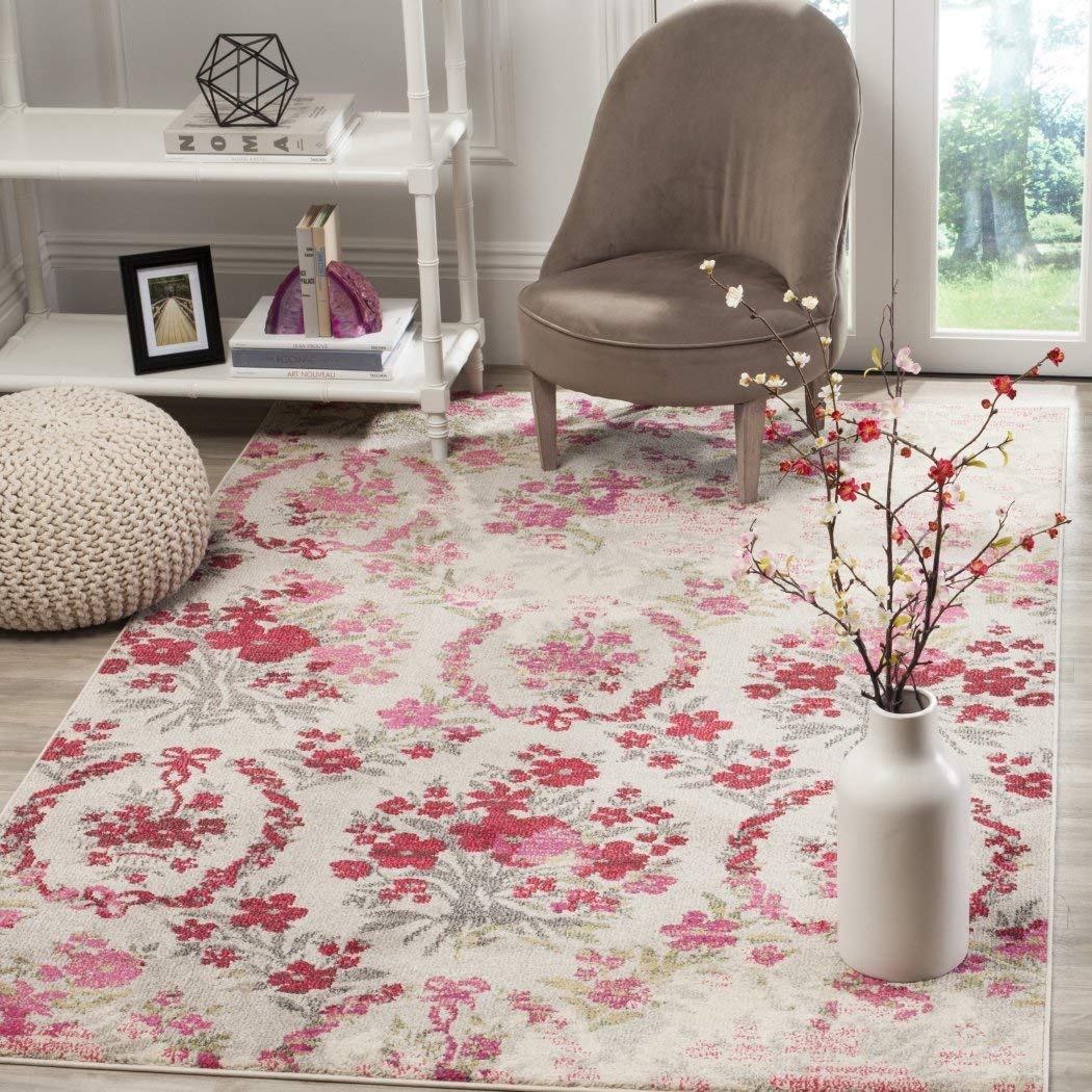 3' x 5' Vintage Flower Bouquet Ivory Pink Colorful Distressed Area Rug Polyester 3' x 5' - Ivory/Pink