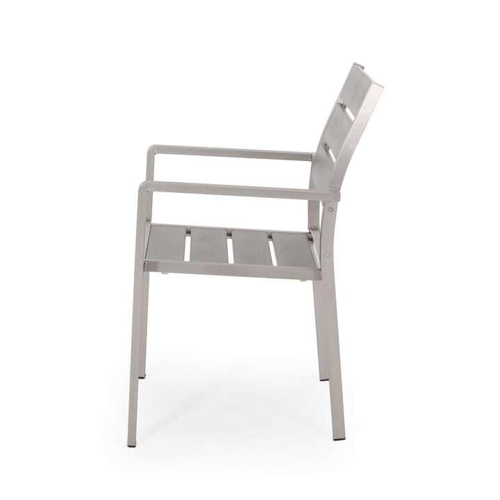 GDFStudio Outdoor Modern Aluminum Dining Chair with Faux Wood Seat (Set of 2) Gray+Silver