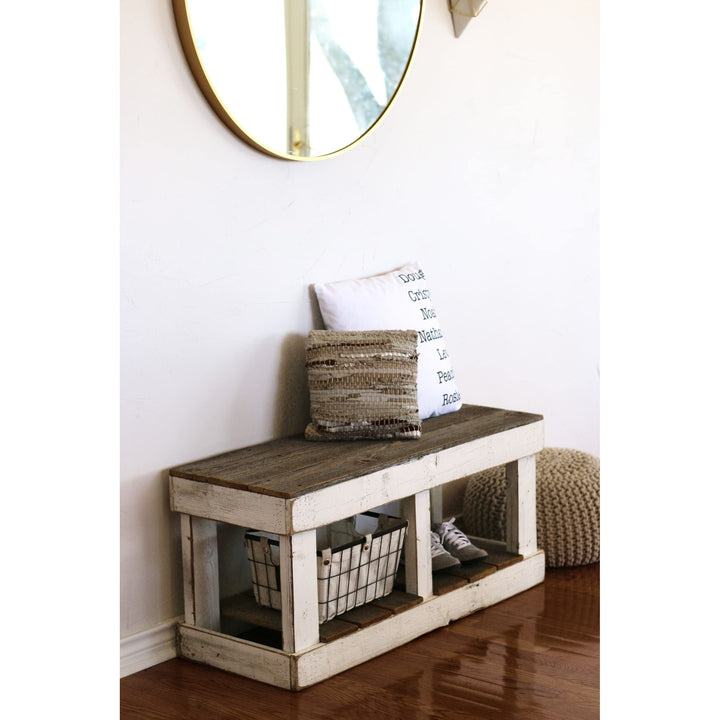 White Combo Storage Bench Farmhouse Rectangular Reclaimed Wood Natural Finish