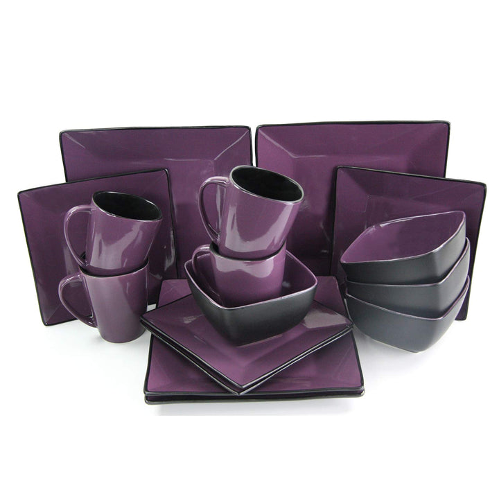 16-Piece Premium Stoneware Dinnerware Set (Service for 4) Black Purple Geometric