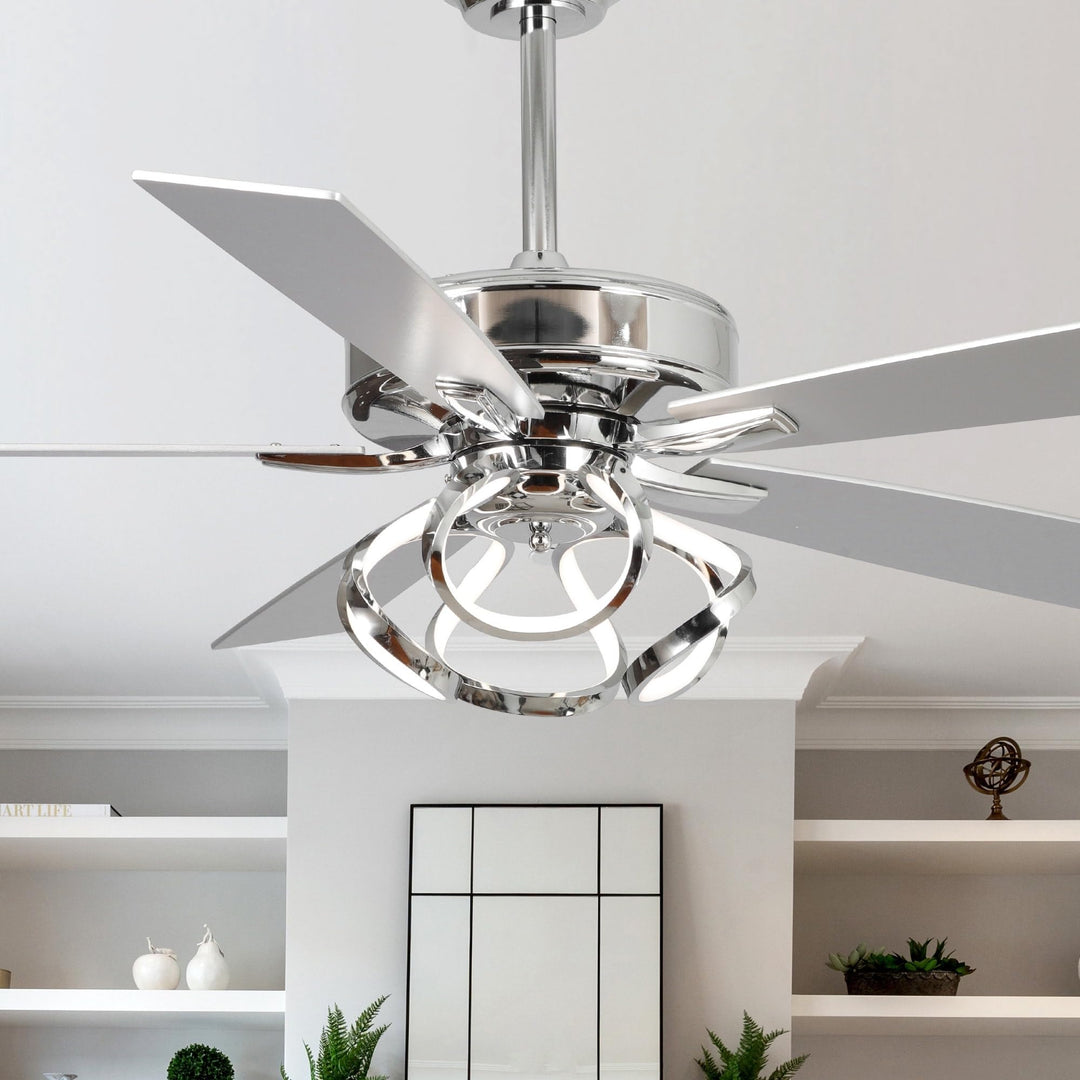 52" Reversible 5-Blade Chrome Dimmable Led Ceiling Fan with Remote Brown