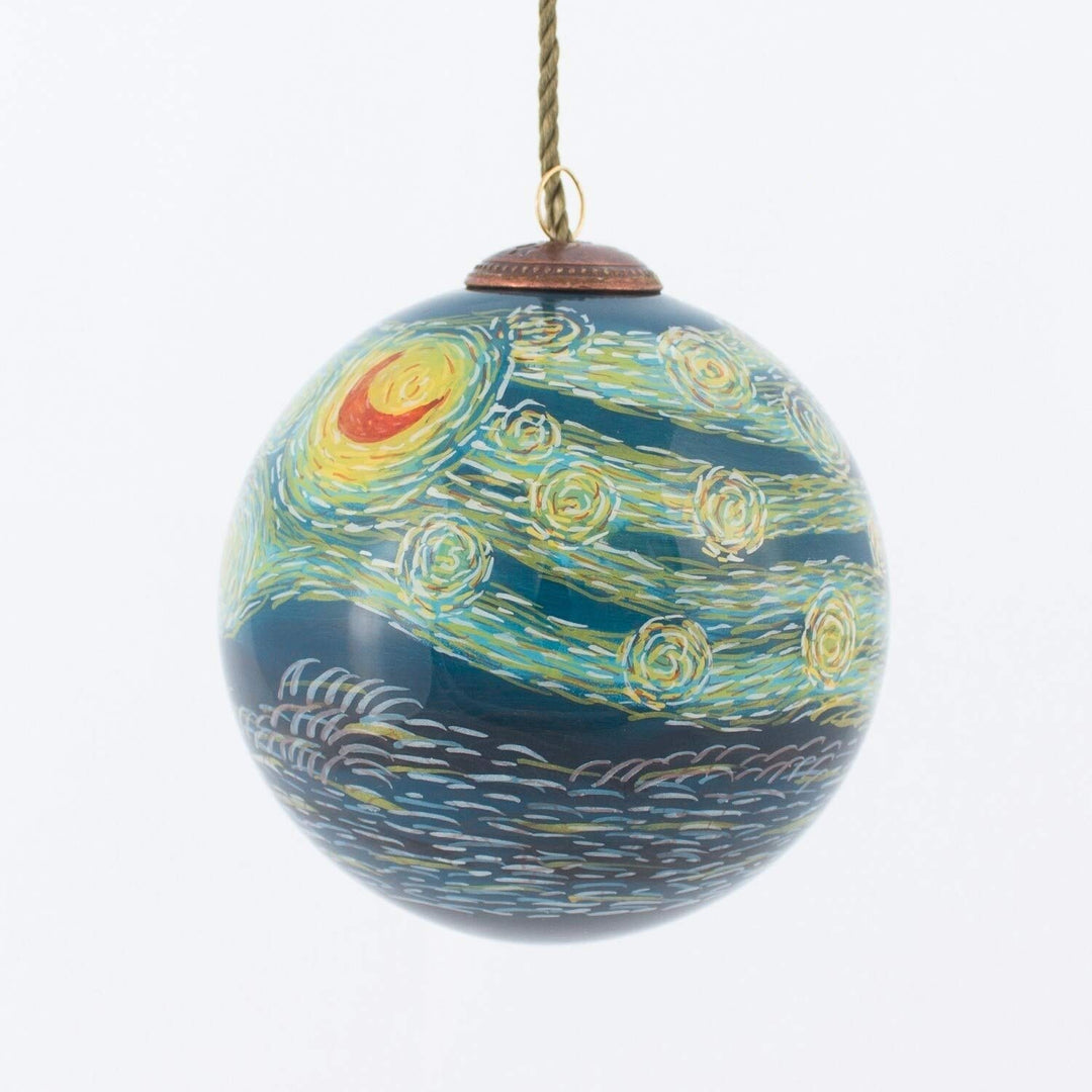 Starry Night' Hand-Painted Glass Ornament Brown Green Yellow Metal Velvet