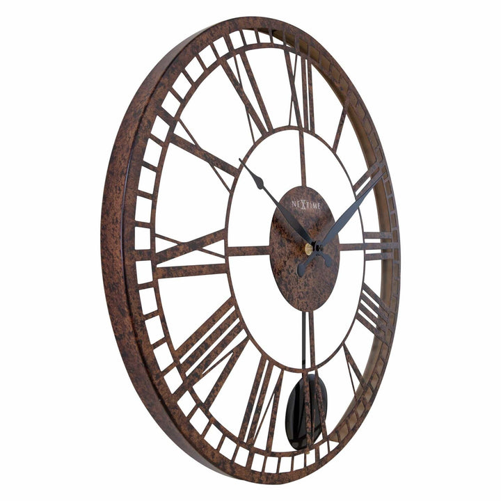 London 20 Inch Open Face Wall Clock with Roman Numerals and Pendulum Brown