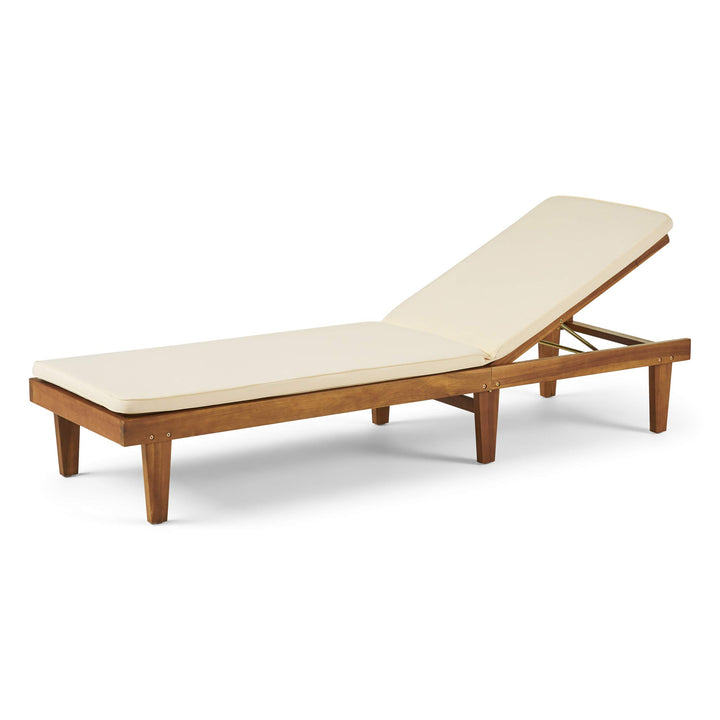 GDFStudio Outdoor Acacia Wood Chaise Lounge and Cushion Set and Cream Teak Finish+Cream Cushion