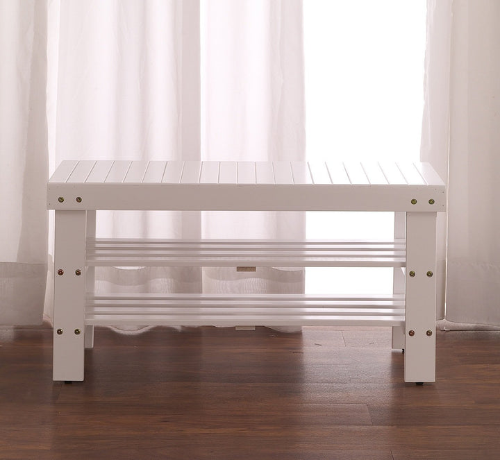 White Finish Solid Wood Storage Shoe Bench Shelf