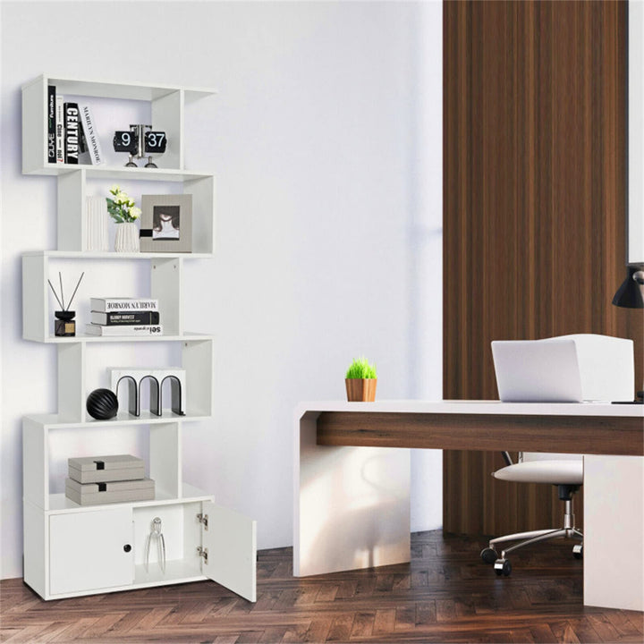 6-Tier S-Shaped Freestanding Bookshelf with Cabinet and Doors White Modern - Diamond Home USA