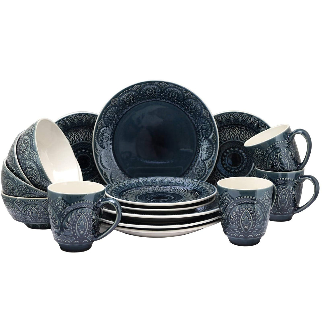 16 Piece Stoneware Dinnerware Set Blue Textured Casual Round Microwave Safe