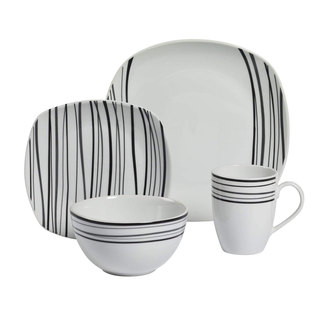 16pc Soft Square Porcelain Dinnerware Set White Stripe Casual 16 Piece