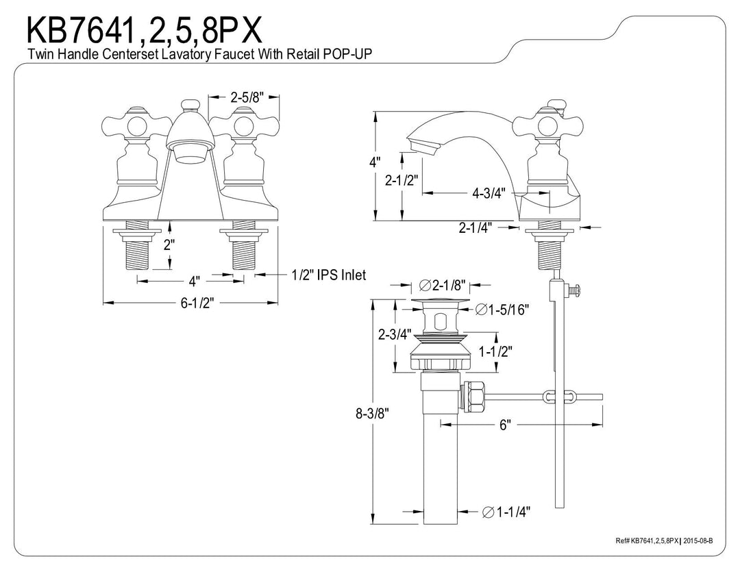 Kingston Brass KB7641PX English Country Centerset Lavatory Faucet 4" Polished