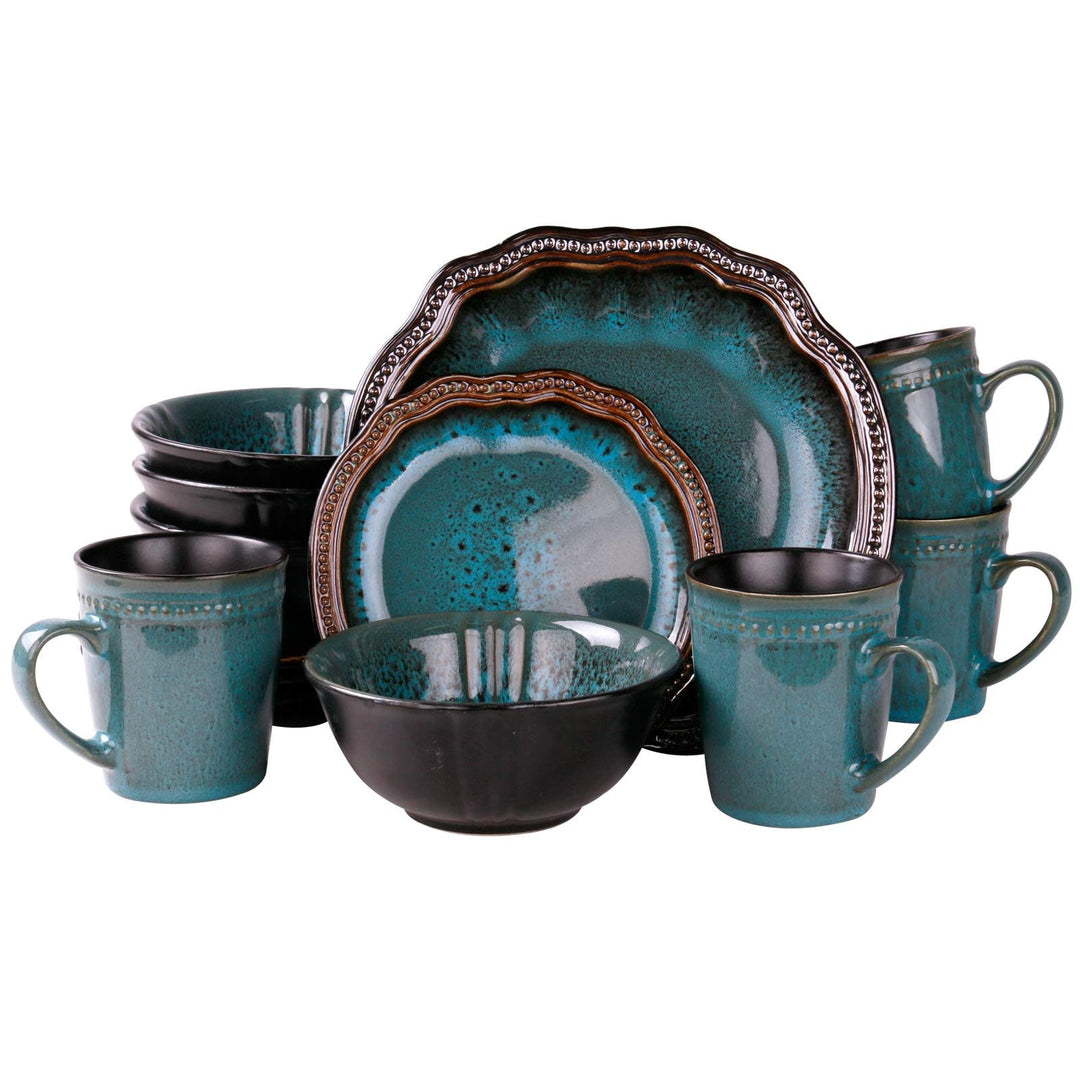 Coral Reef 16 Piece Dinnerware Set Blue Solid Casual Round Stoneware Medium