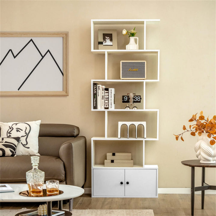 6-Tier S-Shaped Freestanding Bookshelf with Cabinet and Doors White Modern