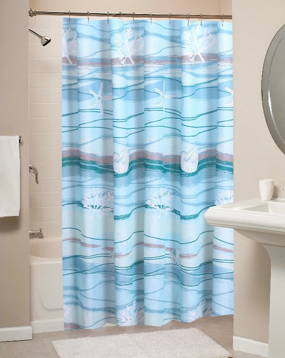 Finely Stitched oastal Seaside ottage Print Pattern Ocean Blue Fabric Shower