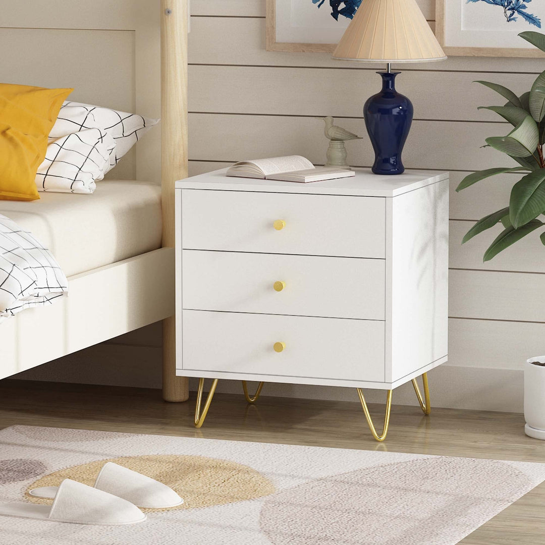 Light Luxury Style Nightstand19.6 wgolden Metal Steel Three Drawers old White