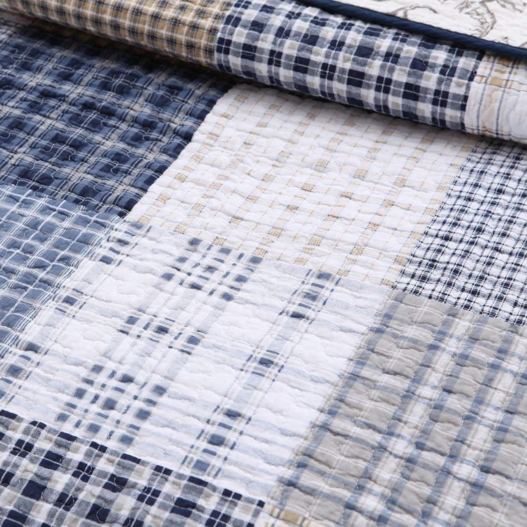 MI 2 Piece Blue White Plaid Kids Twin Quilt Set Cabin Lodge Stripe Theme Bedding