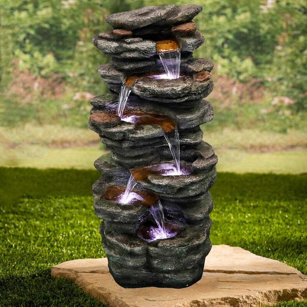 40-inch Tired Outdoor Rock Water Fountain Cascading Waterfall W/Light Grey