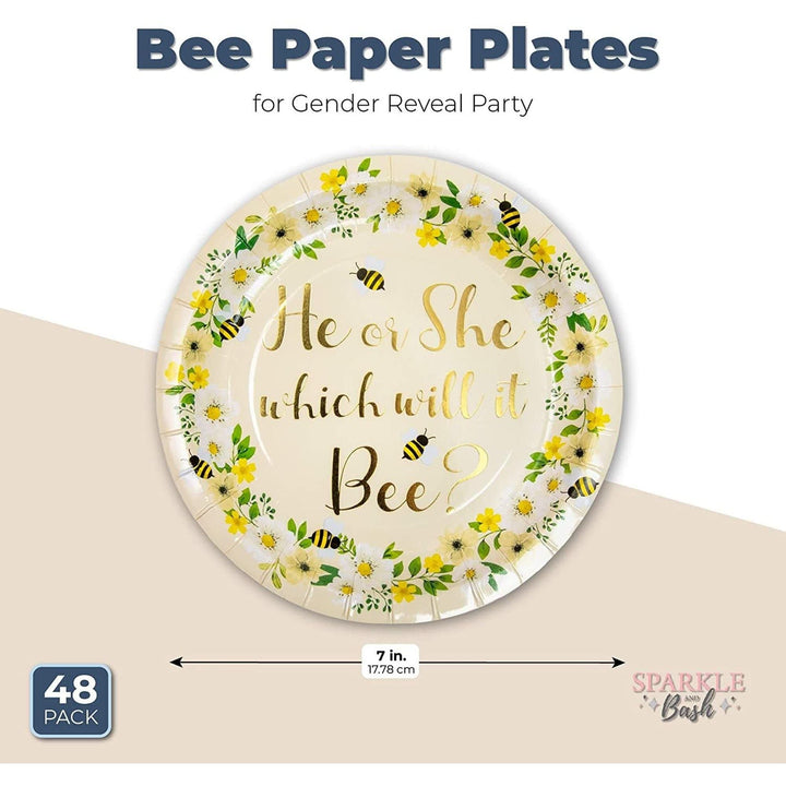 Bee Paper Plates For Gender Reveal Party (7 In 48 Pack) White Floral Country