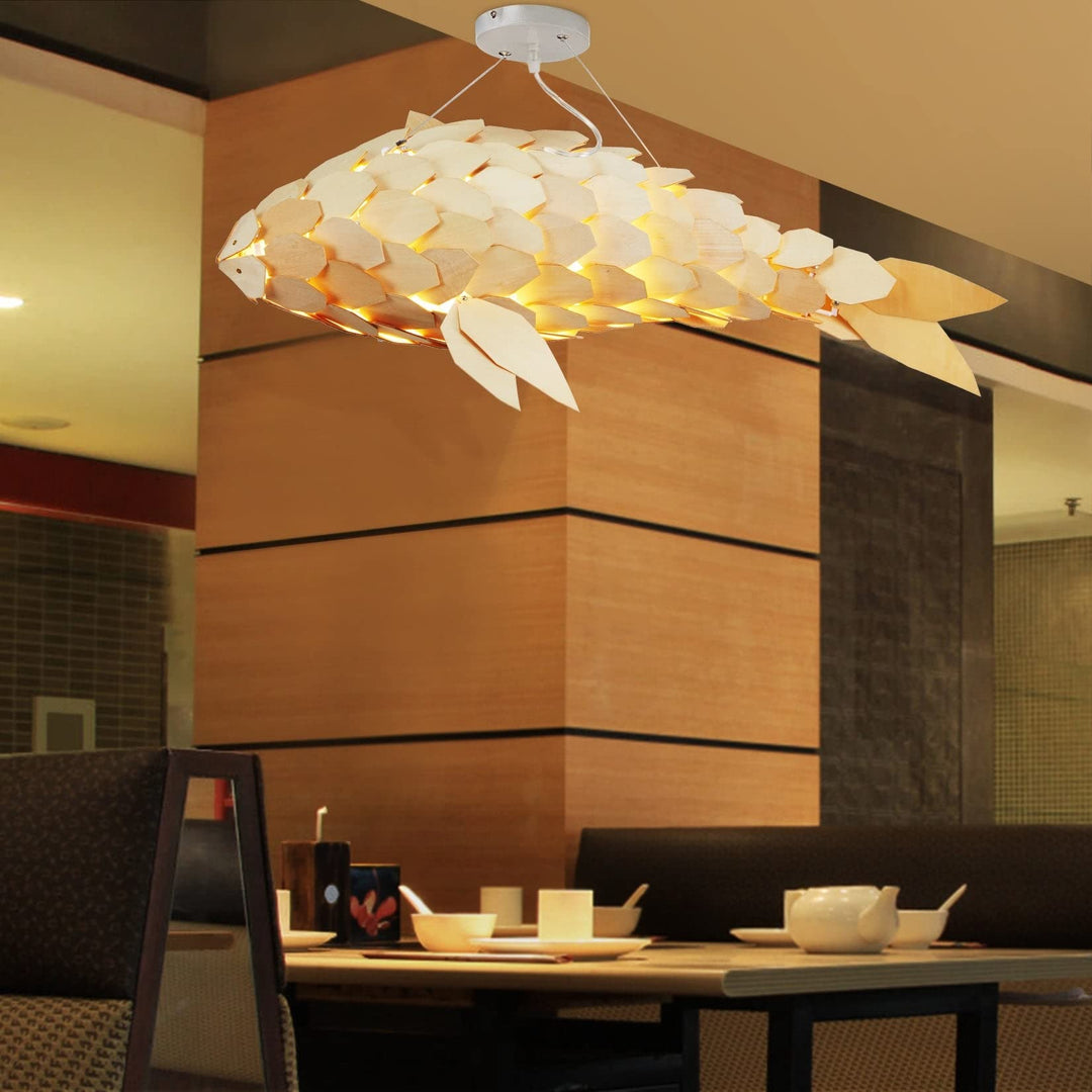 Light Lantern Fish Shaped Handmade Wood Ceiling Lamp 23.6x9.8in Yellow Modern