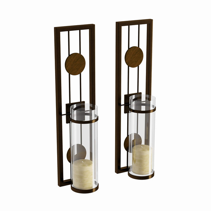 COLIBYOU 2 Piece Brown Tan Candle Holders Metal Sconce Set Modern Contemporary