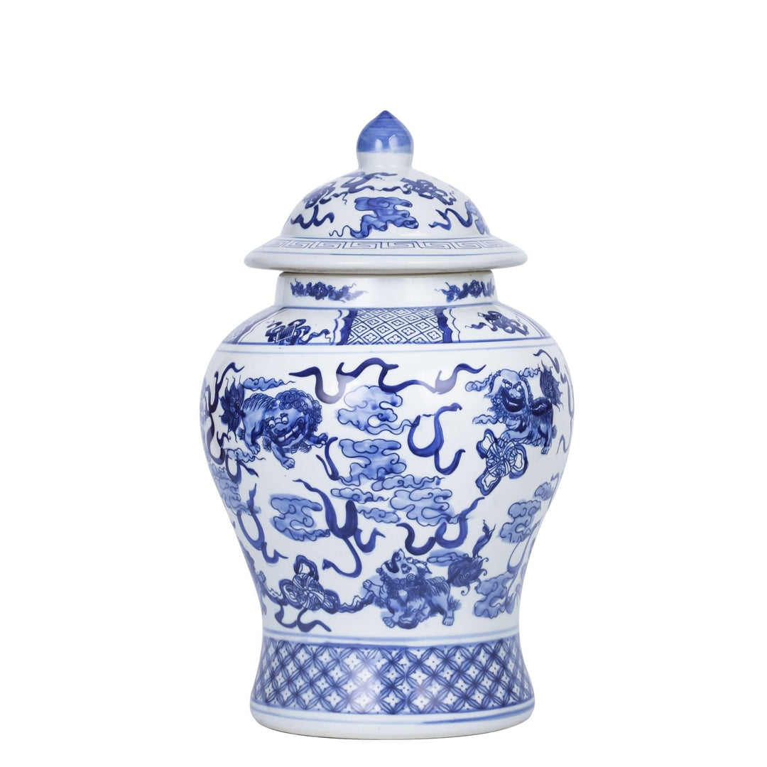 Playing Foo Dogs Temple Jar Blue Porcelain