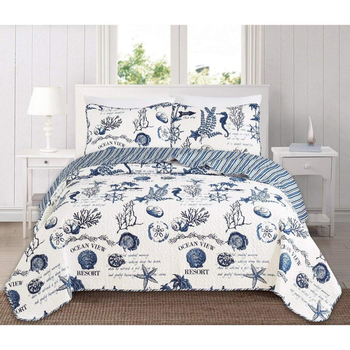 D&H 2 Piece Blue White Beach Theme Quilt Twin Set Sea Shell Life Inspired Navy - Twin