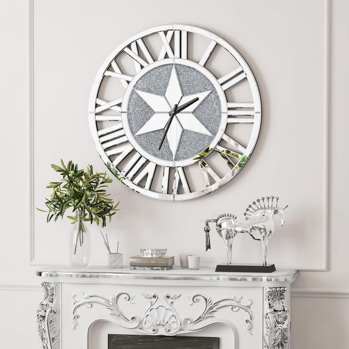 Round Glass Roman Numeral Wall Clock 24" Silver Modern Contemporary Beveled