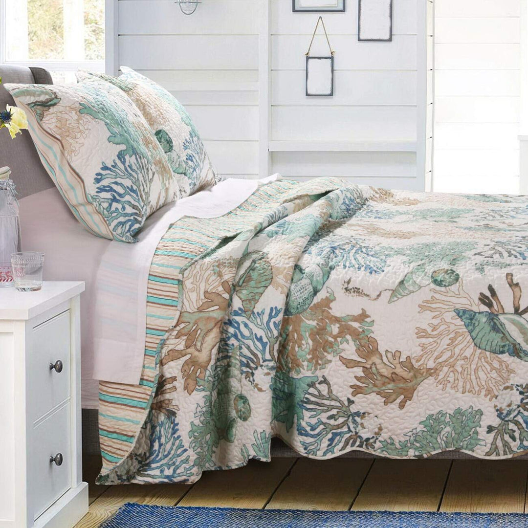 Beach Theme Ocean Coastal Quilt King/Cal King Bedding Set - Nautical Seashell Jade (3 Piece) - King - Cal King