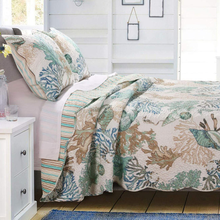 Beach Theme Ocean Coastal Quilt King/Cal King Bedding Set - Nautical Seashell Jade (3 Piece) - King - Cal King