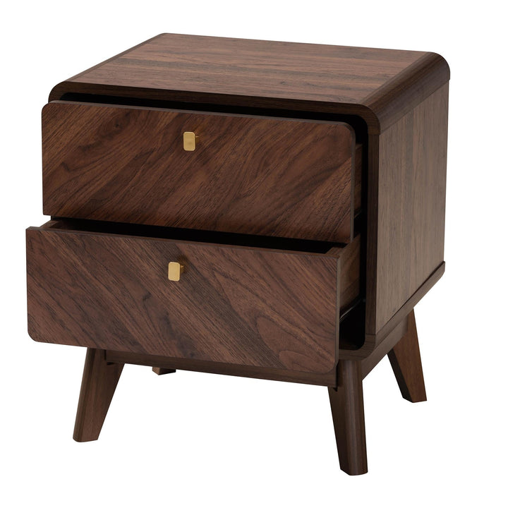 Mid-Century Transitional Walnut Brown Finished Wood 2-Drawer Nightstand Bohemian