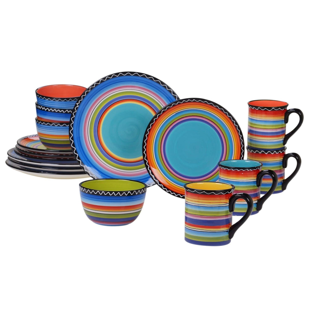 Tequila Sunrise 16 Pieces Dinnerware Set Black Blue Orange Banded Bohemian