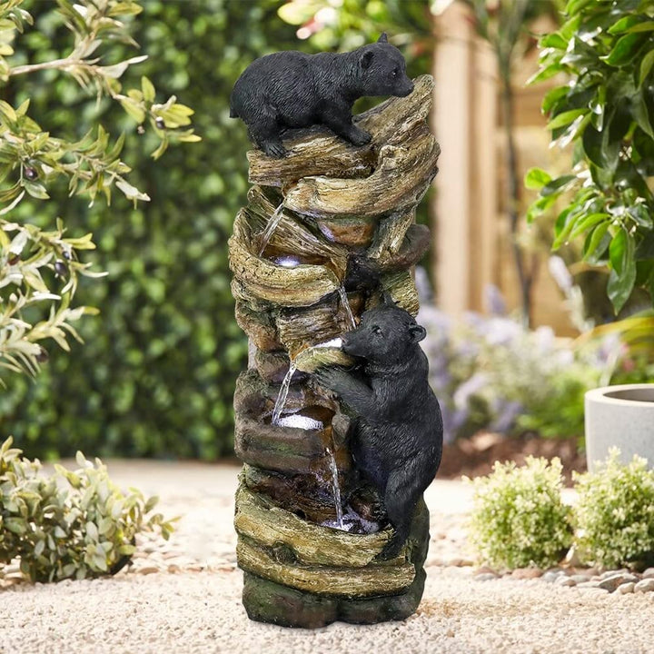 39.3in Tall Outdoor Water Fountain Resin Bear Patio Waterfall Grey Modern