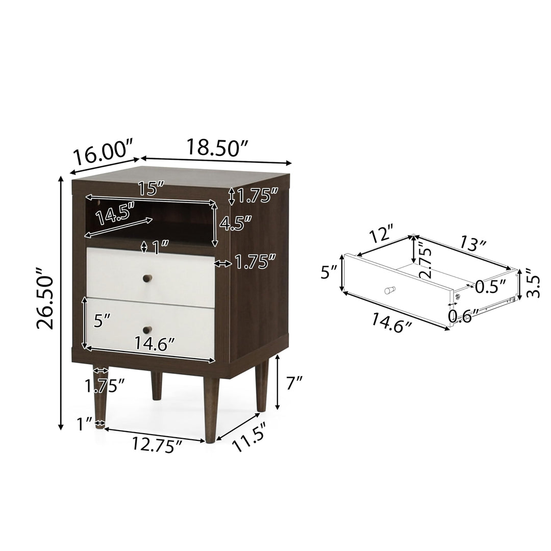 2 Drawer Nightstands White Mid-Century Modern MDF Rubberwood Walnut Finish - Diamond Home USA