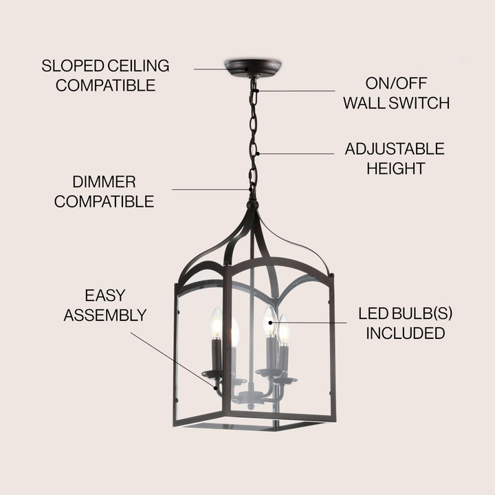 JONATHAN Y JYL7403A Ruth 11" 4-Light Traditional Classic Lantern Metal/Glass LED Clear/Oil Rubbed Bronze