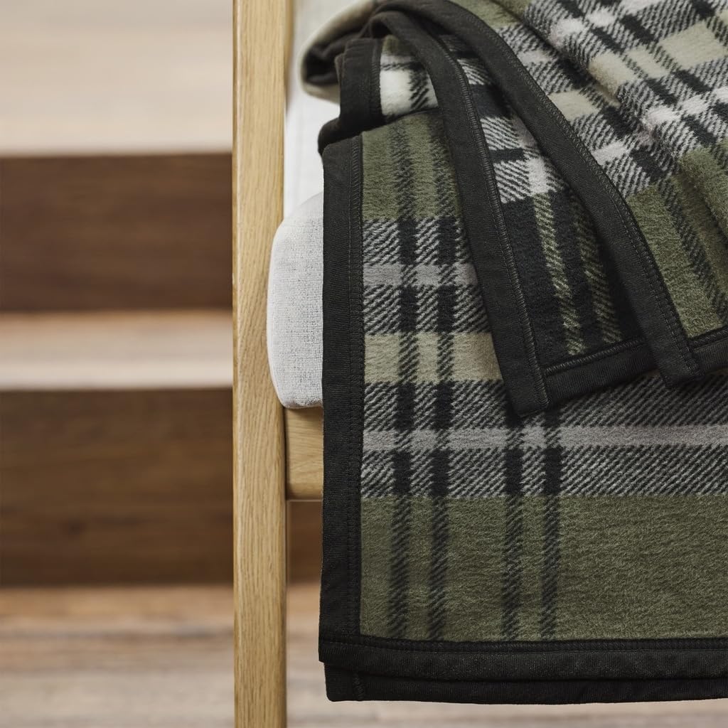 Cotton Blend Fall Inspired Plaid Throw Blanket 'E' Black Green Off/White