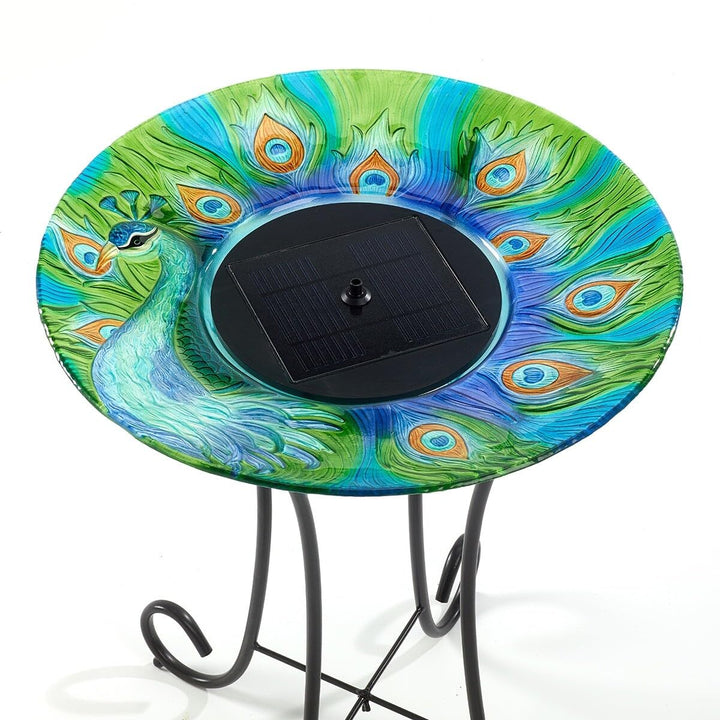 Peacock Glass Solar Birdbath Multi Color