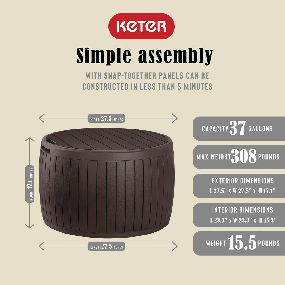 Keter Circa 3-in-1 Outdoor Resin Ottoman Deck Storage Box with 37-Gallon Storage