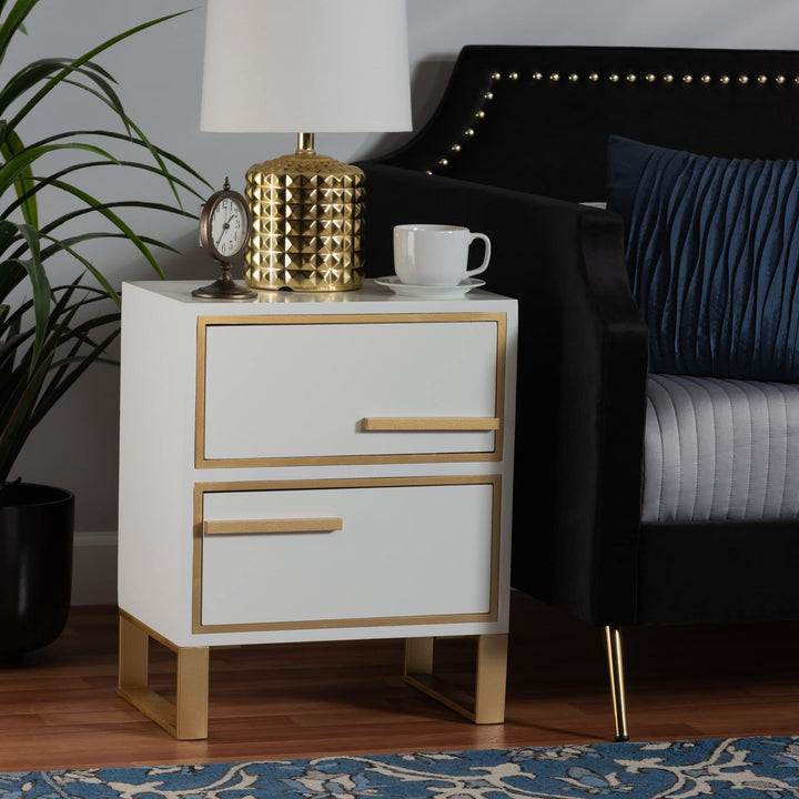 Contemporary Glam and White Finished Wood Gold Metal 2-Drawer Nightstand