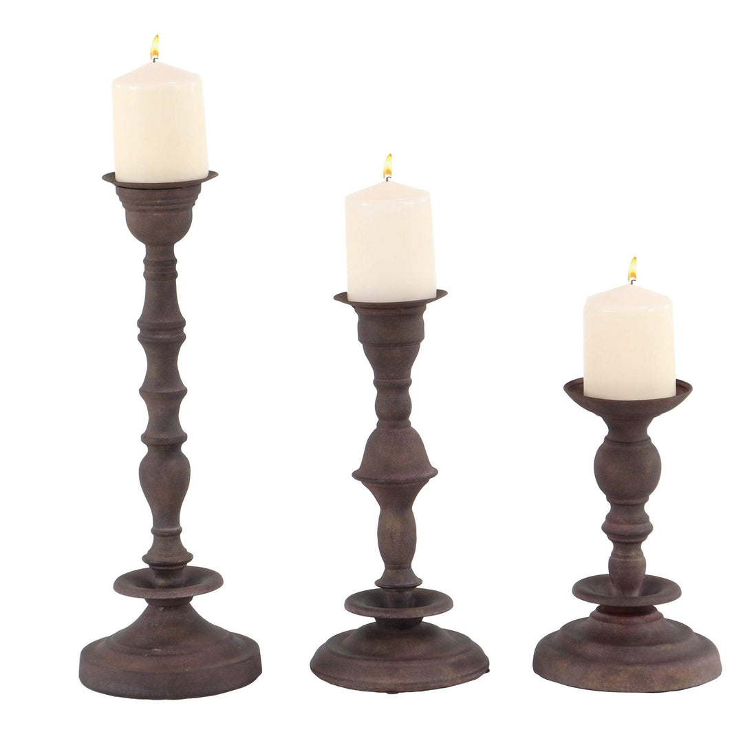 Set of 3 Rustic 13 17 and 19 Inch Dark Brown Metal Candle Holder Iron