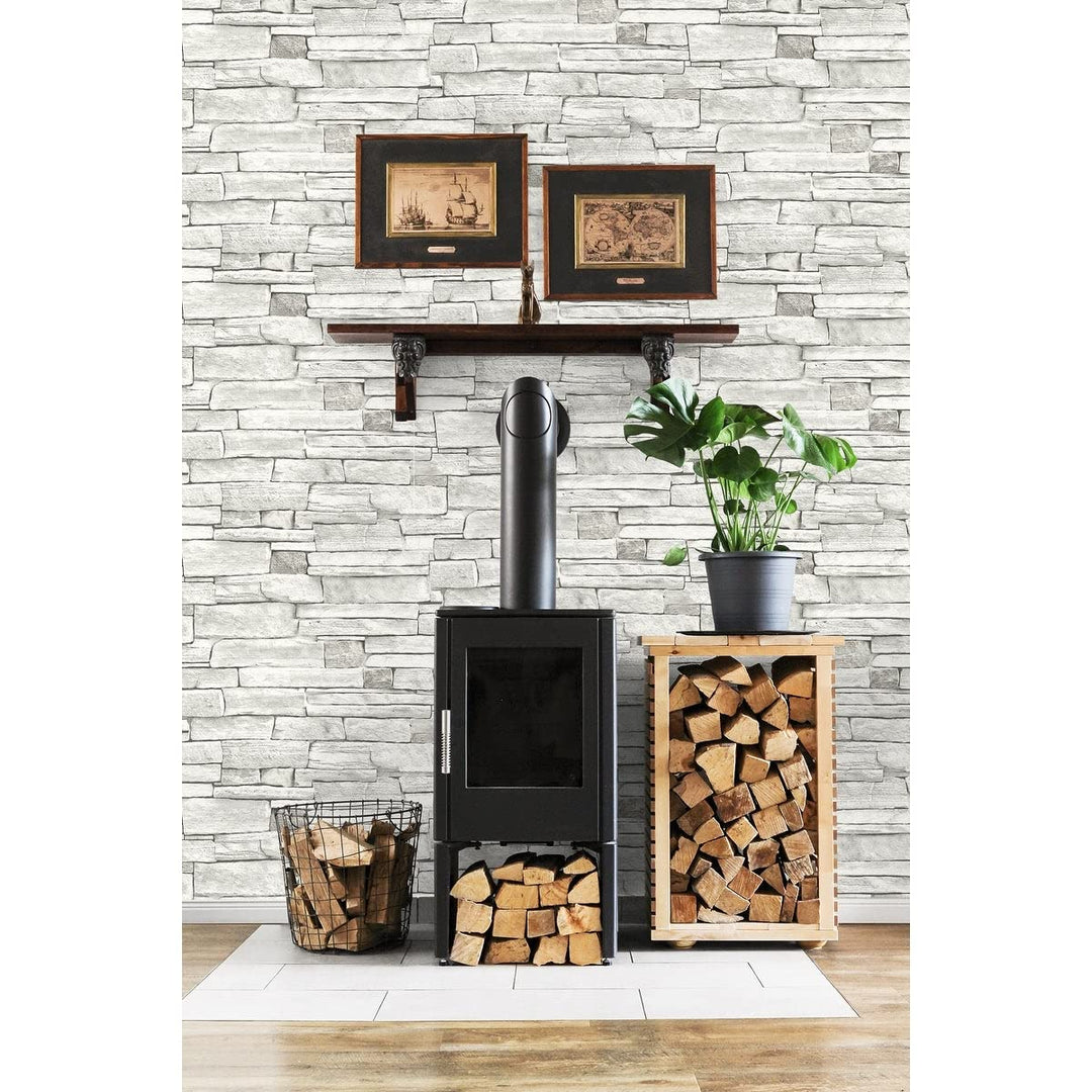 Stacked Stone Peel and Stick Wallpaper 20.5 in. W X 18 Ft. L Grey Off/White